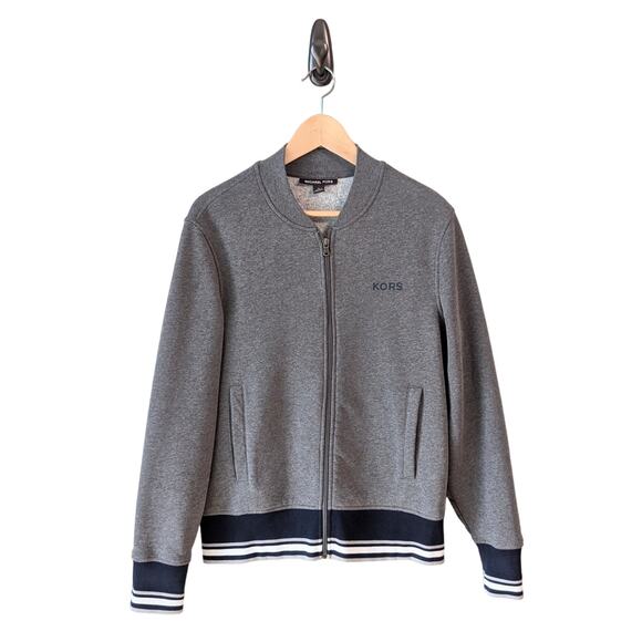 Michael Kors Track Jacket Mens Small Full Zip Gray Navy White Knit Bomber Stripe - Picture 1 of 12